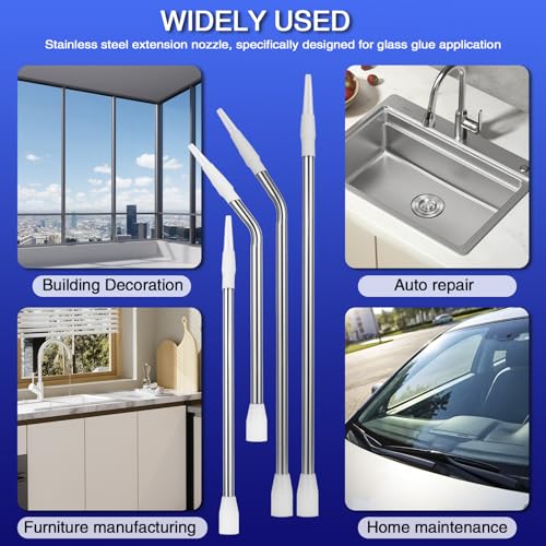 Handmade Stainless Steel Caulk Nozzle Extender 290-375mm, 4 Pcs Straight & Curved Glass Glue Nozzle Extension for Silicone Sealant