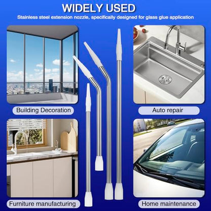 Handmade Stainless Steel Caulk Nozzle Extender 290-375mm, 4 Pcs Straight & Curved Glass Glue Nozzle Extension for Silicone Sealant
