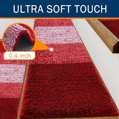 OLANLY Stair Treads Non Slip 15PCS, 8" x 30" Indoor Stair Runners for Wooden Steps, Edging Stair Rugs with Reusable Peel and Stick Adhesive for Kids Elders and Pets, Burgundy - color: Burgundy