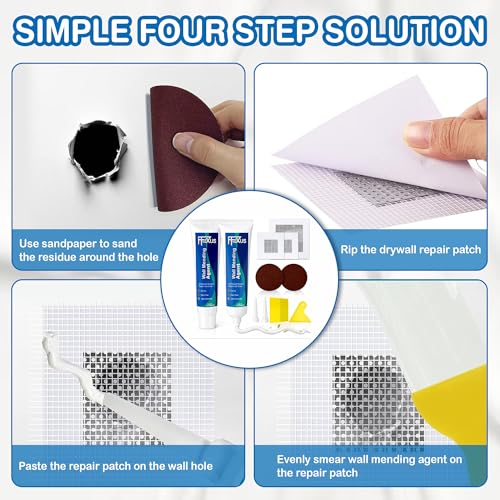 Drywall Repair Kit – 2 × 4.23 oz Fast Dry Putty Tubes with 2×2″ & 4×4″ Wall Patch Mesh, Dual Scrapers & 2 Sandpapers | Quick-Dry Spackle & Sheetrock Crack Filler for Wall, Ceiling & Plaster Repair - color: 2 Tubes & 3 Wall Patches