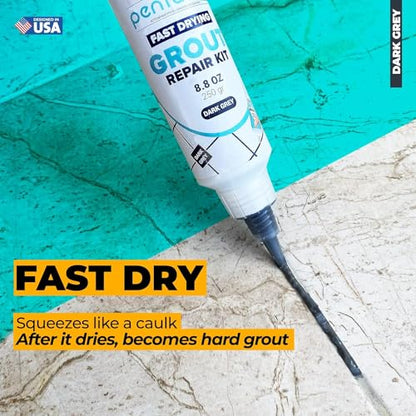 PentaUSA Tile Grout Repair Kit - Premixed Acrylic Sanded Grout for Bathroom, Shower & Kitchen, Water-Resistant Tube with Applicator, Fills Cracks and Gaps in Lines, Dark Gray (8.8oz/250gr) - color: Dark Grey