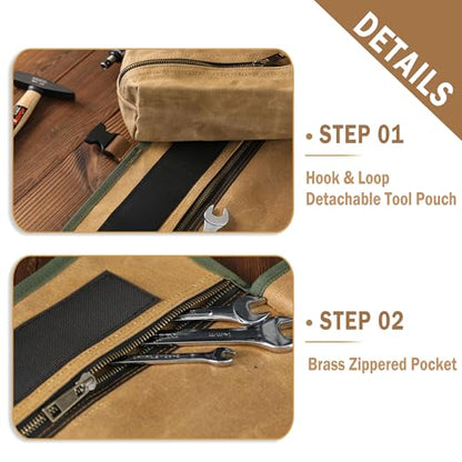 Kaaltisy Tool Roll Organizer, Canvas Wrench Roll with 2 Zippered Pouches + Buckle Closure, Heavy Duty 16oz Waxed Canvas Roll Up Tool Pouch for Wrench Set Chisel Screwdriver | Khaki | 26" L x 12.5" W - color: Khaki