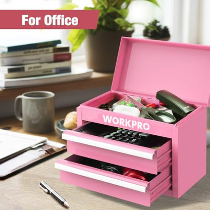 WORKPRO Mini Metal Tool Box with 2 Drawers and Top Storage, Small Tool Chest with PVC Liners and PP Feet Pads, Cold Rolled Steel Toolbox with Magnetic Tab - Pink Ribbon - color: Pink