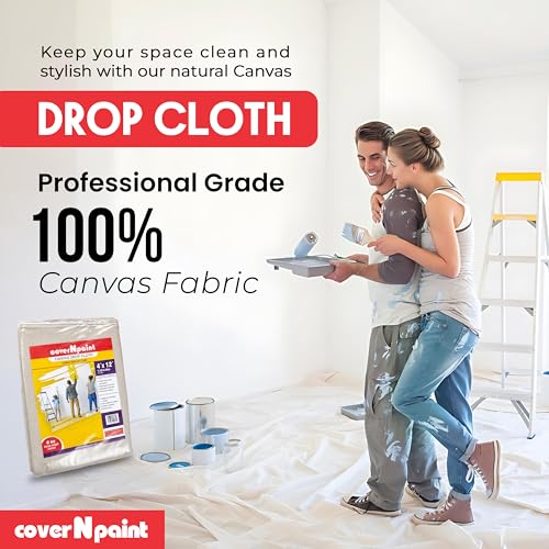 Canvas Drop Cloth by coverNpaint 4x12 (1.22X3.65 M Cut Size) Pack of 1 Reusable Paint Drop Cloth, 100% Cotton, All Purpose Painters Canvas Drop Cloth, Cover for Painter Furniture & Floor Protection