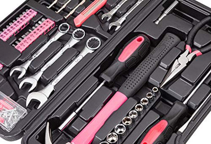Cartman 148Piece Tool Set General Household Hand Tool Kit with Plastic Toolbox Storage Case Pink - color: Pink