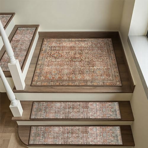 sarben Carpet Stair Treads Non Slip 1PCS, 30" X 30"Edging Stair Runner for Wooden Steps Indoor, Resistant Stair Rugs with Reusable TPE Adhesive Backing, Residue Free Mat for Kids,Pets,Rust & Brown - color: Rust & Brown | Non Slip, size: 2'6" x 2'6" (Squar