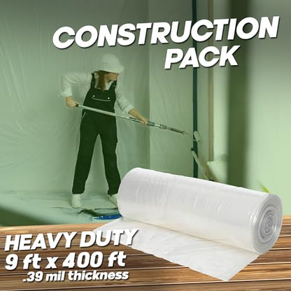 Painter's Plastic Film Heavy Duty 0.39 mil, 400' Length x 9' Width High, High Density Painters Plastic Sheeting Roll in Box with Dispense Hole for Easy Paint Plastic Covering - style: Heavy Duty Painter's Plastic
