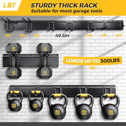 LBT 49.5"Garage Tool Organizer Wall Mount 500lbs Garden Tool Organizer for Garage with Adjustable Hooks,Heavy Duty Yard Tool Storage Rack, Anti-Rust Shed Rack Holder Hanging Rake Broom Mower Snowboard - size: 49.5inch