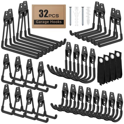 32 Pack Garage Hooks with Anti-Slip Coating Heavy Duty Wall Mount Hooks for Garage Storage and Hanging Hoses Bike Garden Tools Ropes etc - color: 32 Pack Black