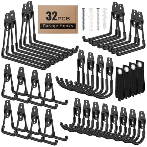 32 Pack Garage Hooks with Anti-Slip Coating Heavy Duty Wall Mount Hooks for Garage Storage and Hanging Hoses Bike Garden Tools Ropes etc - color: 32 Pack Black