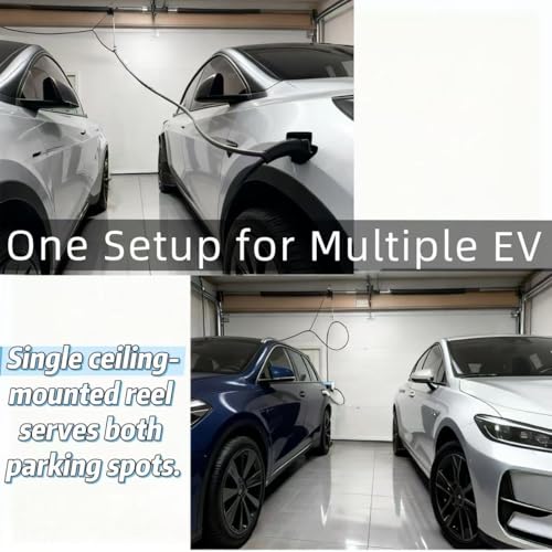 EV Charger Retractable Cord Reel, Sliding Ceiling Cableway, Overhead EV Charging Cable Organizer for 2-Car Garage, 6.6 ft Reach, Tesla NACS & J1772 Compatible