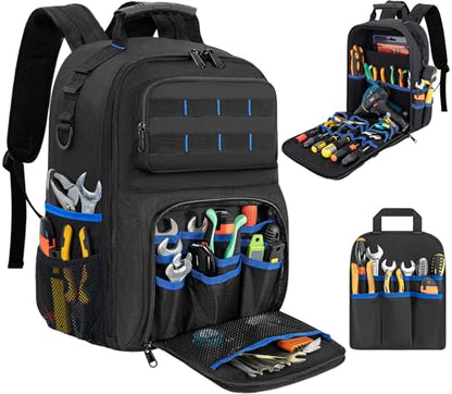Backpack Tool Bag with Movable Base Plate, Heavy Duty Tool Storage with Removable Tool Organizer, Durable Water Resistant for Electricians & Home Repair-Version 4.0- Black&Blue - color: Black&Blue