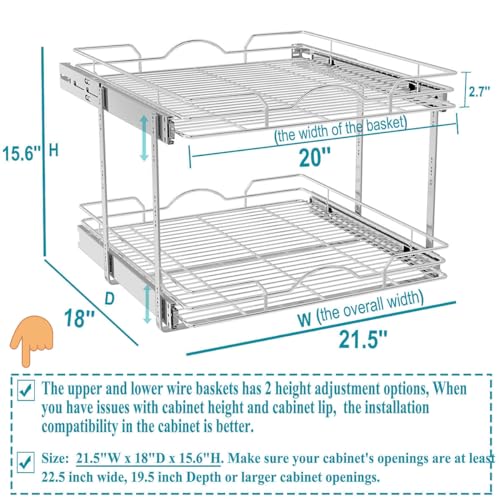 OCG 2 Tier Pull Out Cabinet Organizer (21.5" W x 18" D), Pull Out Shelves for Kitchen Cabinets, Slide Out Pantry Shelves for Base Cabinet Organization in Kitchen Bathroom Pantry, Chrome Finish - size: 21.5"w X 18"d, 2 Tier