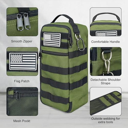 13 Inch Portable Small Tool Bag, Heavy Duty Tool Hand Bag with Shoulder Strap and D-ring Clip, Tactical Tool Bag, Tool Pouch Organizer for Electricians, Carpenters, HVAC Technicians (Army Green) - color: Army Green