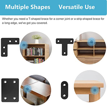 QSJ 22 Pack Straight Brace Stainless Steel Black Flat Brace Straight Corner Braces Straight Brackets Metal Flat Straight Mending Plates with Screws - size: 22Pcs Bracket Set (Flat T/L/Square/Strip)
