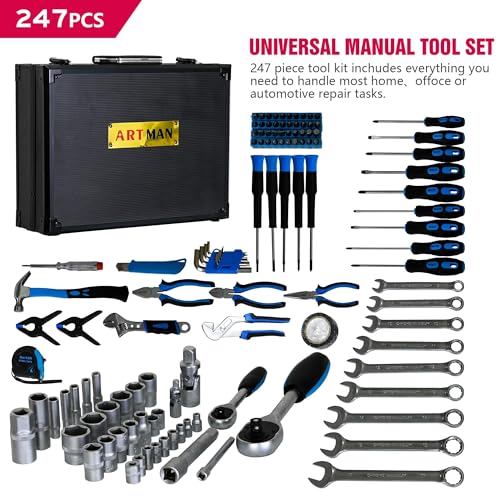 247-Piece Home Garage Tool Set with Sockets, Wrenches, Ratchets, Screwdrivers & Pliers, Portable Aluminum Case for Auto Maintenance, Home Repair & DIY - size: Artman Pro Home 247-Piece Kit