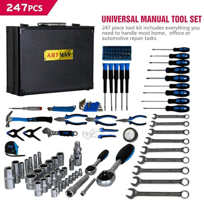 247-Piece Home Garage Tool Set with Sockets, Wrenches, Ratchets, Screwdrivers & Pliers, Portable Aluminum Case for Auto Maintenance, Home Repair & DIY - size: Artman Pro Home 247-Piece Kit