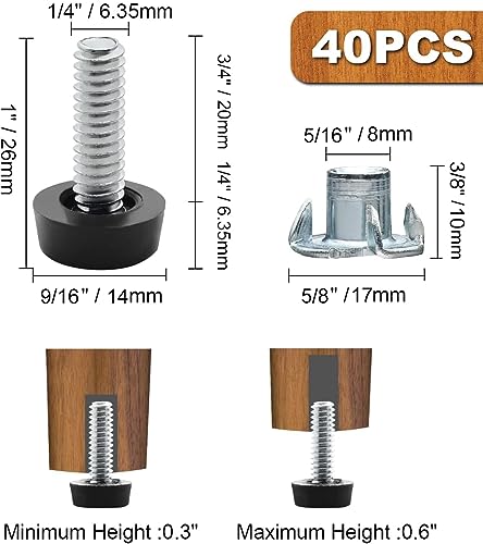 1/4” - 20 UNC Leveling Feet, 40 Pcs Adjustable Leg Levelers, Screw in Furniture Levelers with T-Nuts for Cabinet Cupboard Couch Desk Sofa Shelf Legs - size: 1/4" - 20 UNC