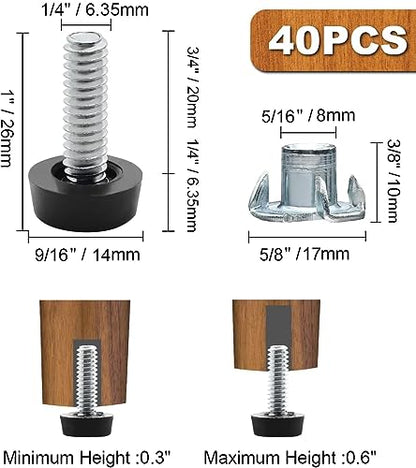 1/4” - 20 UNC Leveling Feet, 40 Pcs Adjustable Leg Levelers, Screw in Furniture Levelers with T-Nuts for Cabinet Cupboard Couch Desk Sofa Shelf Legs - size: 1/4" - 20 UNC