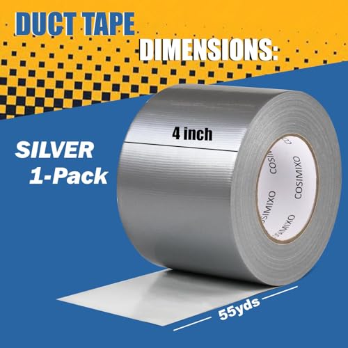 COSIMIXO 1-Pack Silver Heavy Duty Wide Duct Tape, 4 inches x 55 Yards, Strong, Flexible, No Residue, All-Weather and Tear by Hand - Bulk Value for Repairs, Industrial, Professional Use - color: SILVER, size: 4INCH X 55YDS