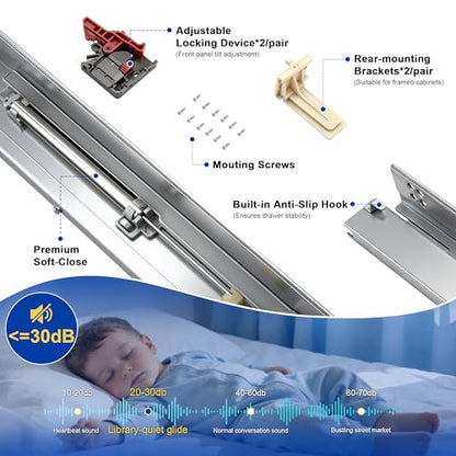 Knobonly 6 Pair 18" Soft Close Drawer Rails Full Extension, Undermount Zinc Plated Drawer Slides, Mounting Screws and Adjustable Locking Device Included, 85 lb Load Capacity - size: 18 Inch, style: Soft Close - 6 Pairs