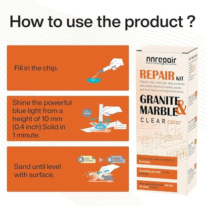 Granite Countertop Repair Kit (Clear Color + Polisher) - Made by Engineers I Also for Marble, Quartz, Acrylic, Fiberglass, Porcelain, Tile & Ceramic Surfaces I Easy Process & Quick Results - color: Clear