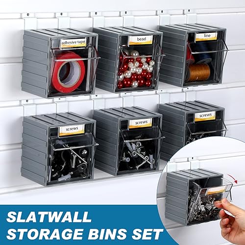 Huwena 6 Pack Slatwall Bins with Hooks Set Tilt out Bins Storage Cabinet Slatwall Tip out Bin with Labels Wall Mount Container Hanging Storage Organizer Accessories for Garage Work Room Panel Hardware