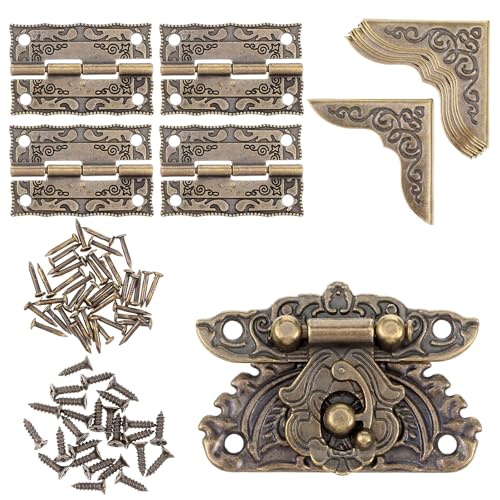 Antique Engraved Hasp Latch Vintage Mini Hinge and Box Corner Protectors Hardware Kit for Jewelry Box Decoration and Repair, Comes with Enough of Screws and Nails
