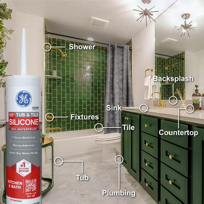 GE Silicone Caulk for Tub & Tile Kitchen & Bath, Clear, 10 fl oz Cartridge, 1 Pack - 100% Waterproof Silicone Sealant, Excellent Flexibility, Shrink & Crack Proof - size: 10.1oz