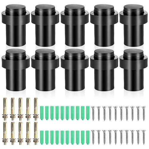 10 Pack Black Floor Door Stopper Cylindrical Door Stops 2.4'' Stainless Steel Floor Mounted Doorstops with Rubber Bumper Modern Decorative Doorstopper Wall Protector for Bottom or Top of Doors