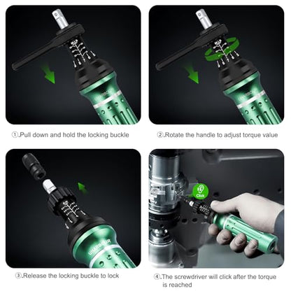 Torque Screwdriver 10-60 in.lb, Torque Screwdriver Set with 1/4" Elastic Bit Holder, 1/4" Bit Adapter, Flat, Hex, Torx and Philips Bits, Suitable for Gunsmithing, DIY, Bicycle Maintenance - size: 10-60 in-lb torque screwdriver set