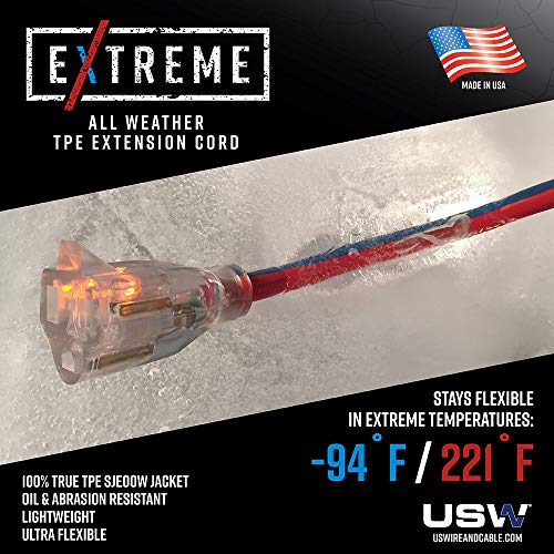 US Wire and Cable 12/3 Gauge x 25-Foot Extreme Cold Weather Triple Tap Extension Cord – Heavy-Duty, 221°F to - 94°F Rating, Lighted Plug, SJEOOW, Weather-Resistant, Ideal for Outdoor Use - size: 25 ft, style: 12 AWG