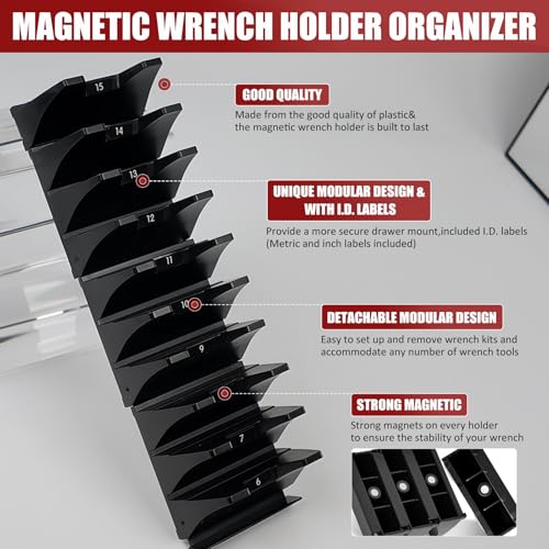 12 pcs Magnetic Modular Wrench Organizer Wrench Holder - Wrenchs Tool Organizers for Tool Drawer Storage, Wrenchs Rack with Metric SAE Labels, Tool Storage Set Holder Festival for Mechanics - style: 12 PCS