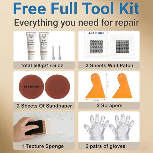 Wall Repair Paste – 2 Pack 250g (500g Total) Spackle for Nail Holes and Cracks, Zero VOC Odorless Wall Filler with 2 Inch Patches, Scraper, Sandpaper, Gloves, Fast Drying Paintable Compound