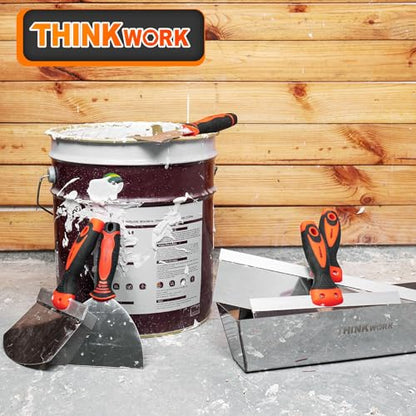 THINKWORK Drywall Knife Set, 10Pcs Drywall Tools Include Stainless Steel Putty Knife Set, Taping Knives, Painter Scraper, 14" Mud Pan and Scoop, Spackle Tool Kit for Joint Taping, Finishing, Patching
