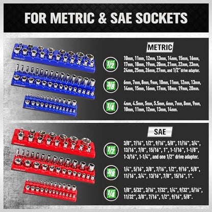 Magnetic Socket Organizer Set, 6PCS Socket Holder, 1/4", 3/8", 1/2" Sockets Holds 143 Pieces Magnetic Sockets Trays (Blue&red, 6 Pcs) - style: 6PCS Red/Blue