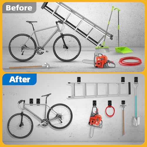 6 Pack Garage Hooks 10 INCH Heavy Duty Two-Tier Steel Shed Wall Mount Workshop Garage Storage Tool Organizer Hooks for Hanging Garden Tool, Hose, Ladder, Chairs, Bikes with Anti-Slip Coating