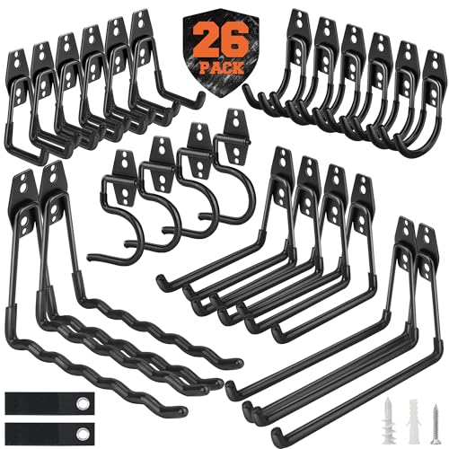 Nacial 26 Pack Garage Hooks Heavy Duty, Utility Steel Garage Storage Hooks with 2 Extension Cord Storage Straps, Utility Garage Wall Mount Hooks for Hanging Bike, Ladder and Garden Tools, Black - color: Black, size: 26