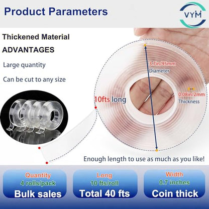 4Rolls Thicker 2mm, Nano Double Sided Mountinging Heavy Duty Tape, 2 Sides Sticky Tack Tape for Painted Walls AC Hanging Clear, 0.7in×10fts, 40fts Total Long (Thicker. 4 pack×0.7''×10fts) - size: Thick 4Rolls,0.7″,40fts TL