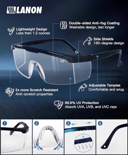 LANON Anti-Fog Safety Goggles with Adjustable Temples, 2.5 Times ANSI Z87.1 Double-sided Antifog, Side Protection, High Transmission, Lightweight & Comfortable Safety Glasses