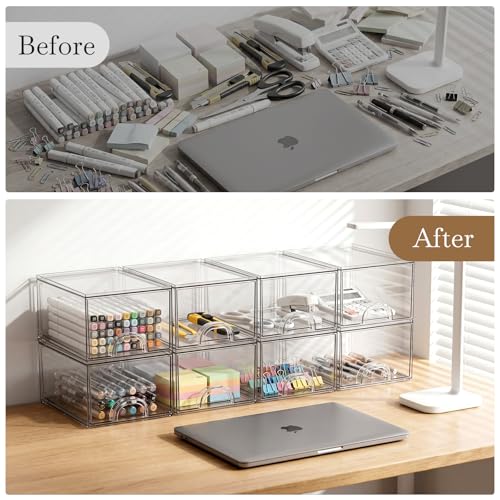 8 Pack Small Clear Stackable Acrylic Storage Boxes Storage Drawers, Storage Organizer, Clear Plastic Makeup Organizer, Ideal for Vanity, Cabinet, Desk Organization