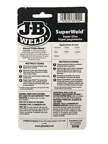 J-B Weld 33102 SuperWeld Glue - 2g Super Glue Tubes (Pack of 2) - size: 2 gram (Pack of 2)