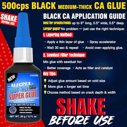 20g Black Medium-Thick CA Glue (500 CPS),Premium Cyanoacrylate Super Glue for Wood, Glass, Metal, Paper, Leather, Plastic, Ceramic, Rubber, Jewelry, Woodworking, Hobby Models, and Craft Project - size: Black/500CPS