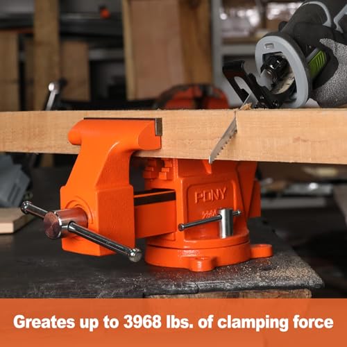 PONY Heavy Duty Bench Vise, 5-inch Jaw Width 4-inch Opening, Swivel Base With Anvil, Utility Combination Pipe Home Vise for Woodworking, One-Pair Jaw Pad Included - style: 4-inch Jaw Opening