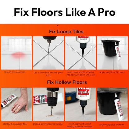 Floor-Fix Pro Easy Squeeze - Extra Strength Adhesive - Fix Loose & Hollow Tiles, Squeaky Wood & Laminate - Includes Built in 5/64” Syringe Tip - No Sealant Gun Required (10.1 Fl Oz) - color: 1