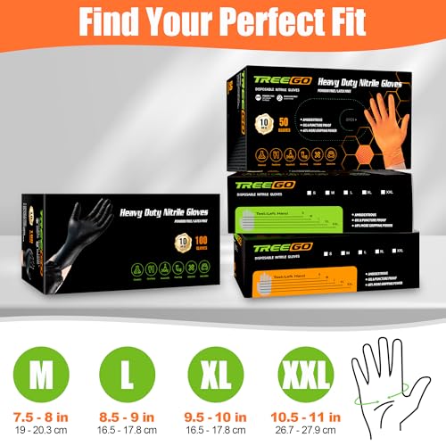TREEGO Black Heavy Duty Rubber Gloves 10 Mil Nitrile Gloves - Raised Diamond Texture Grip for Automotive & Mechanic - Latex Free Disposable Gloves Medium, 100 Count - color: Black 100, size: Medium