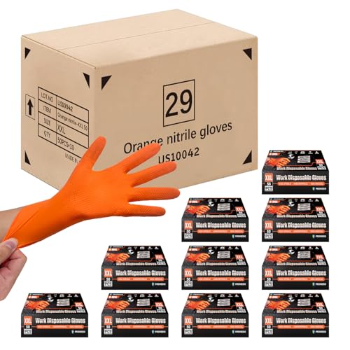 PROMEDIX P Heavy Duty Nitrile Disposable Gloves,8-mil Orange,Raised Diamond Texture Work Gloves，Industrial Work gloves - color: 8mil Orange 500, size: Medium