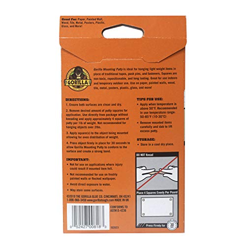Gorilla Mounting Putty, Natural Tan Color, 84 Pre-Cut Squares (Pack of 8) - Non-Toxic Removable & Repositionable Wall Putty - size: 8 - Pack, style: 2 Ounce