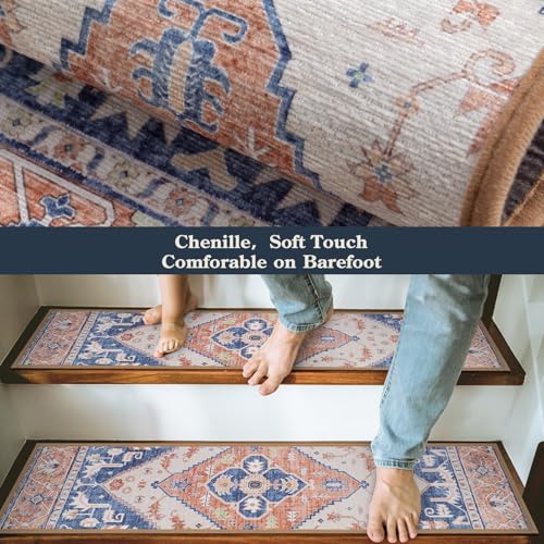 Lahome Non Slip Peel and Stick Stair Treads 15 Pack 8" X 30" Carpet Treads for Wood Stairs, Washable Self Adhesive Mat Edging Staircase for Tenant Defend The Steps from Scratches Dorie,Blue-Tan - color: Blue/Tan