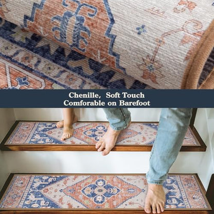 Lahome Non Slip Peel and Stick Stair Treads 15 Pack 8" X 30" Carpet Treads for Wood Stairs, Washable Self Adhesive Mat Edging Staircase for Tenant Defend The Steps from Scratches Dorie,Blue-Tan - color: Blue/Tan